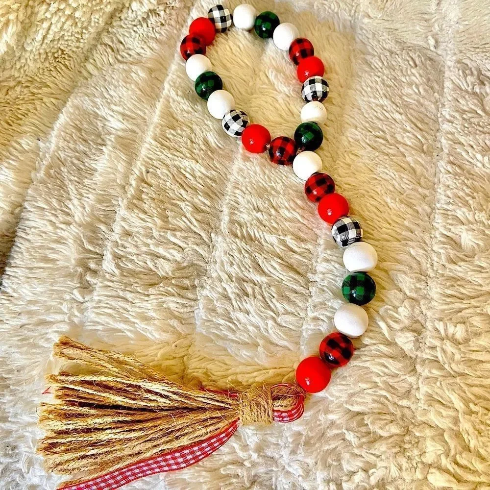 NEW Wood Bead Garland with Plaid Tassels